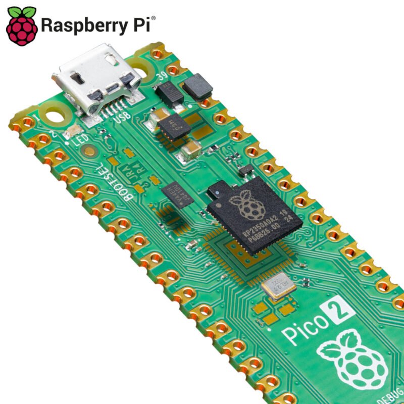 Raspberry Pi Pico 2 - vista de la parte superior. con componentes electrónicos flotando.